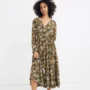 NWT Green Floral Cinched Waist Tiered Midi Dress - Size S in Wildflower Kale